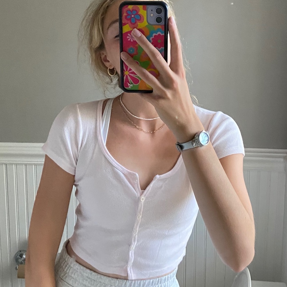 Pink button up crop tee